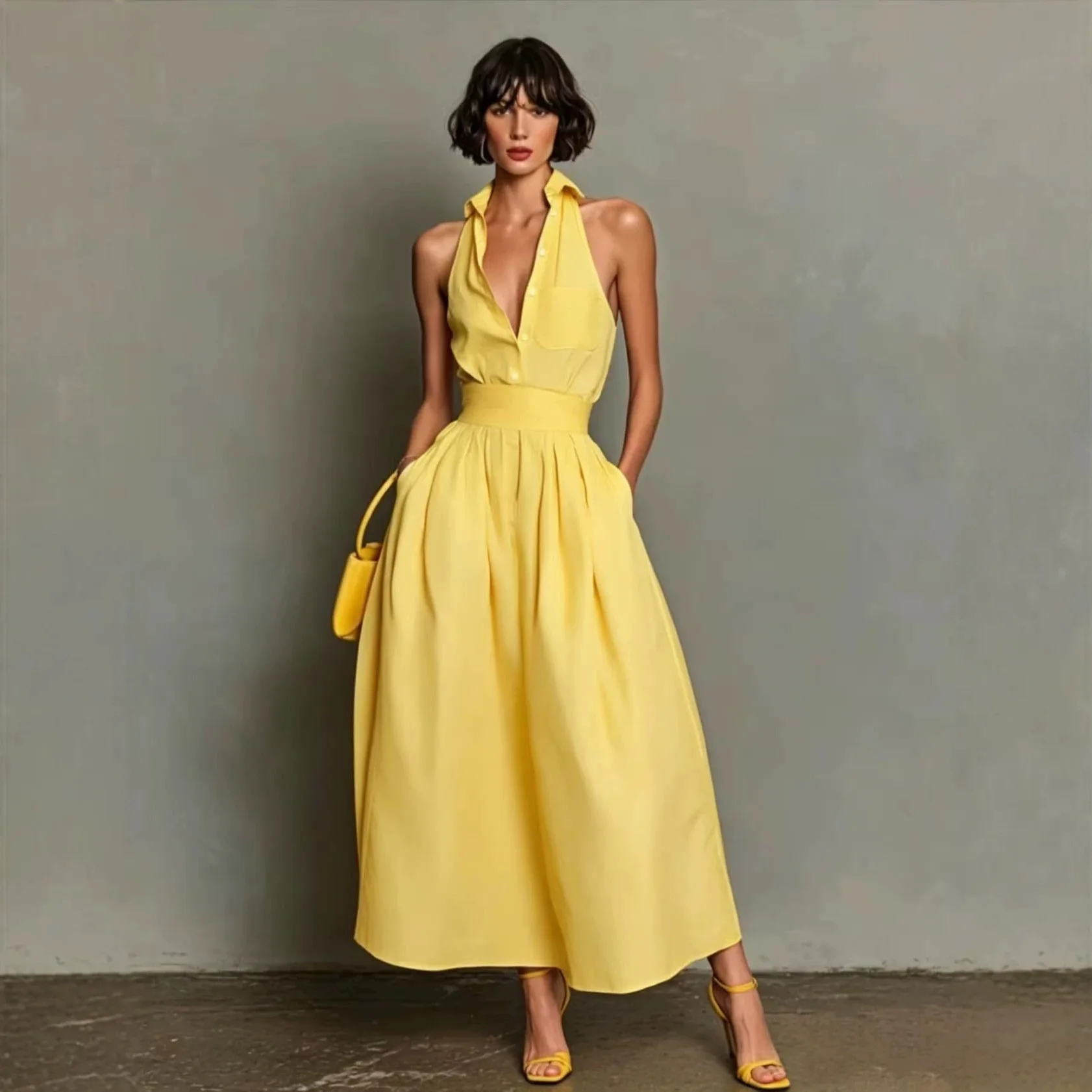 Hemdkragen-Kleid für Damen, Frühling Sommer Einfarbig Ärmelloses Kleid, Sexy Knopfleisten-Minikleid Outfit