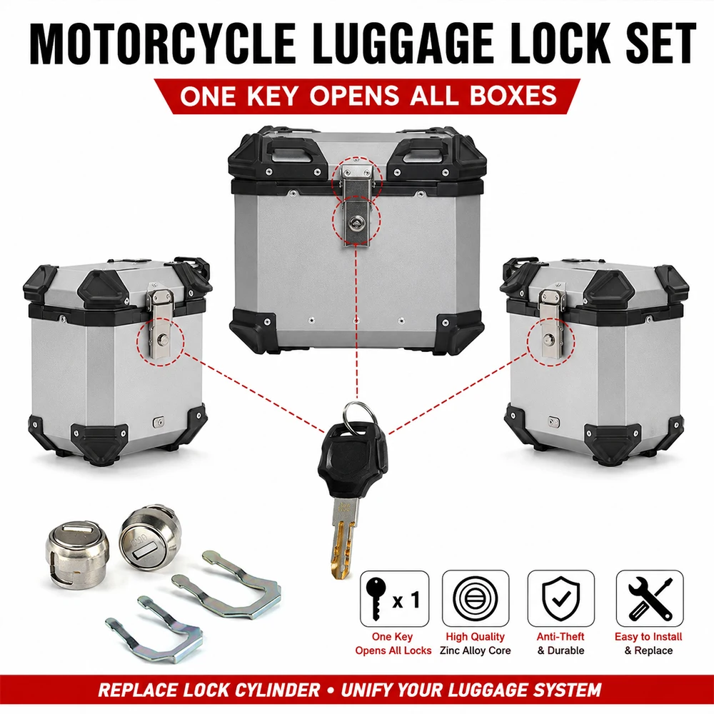 

Motorcycle Luggage Lock Cylinder Set One Key Opens All Top & Side Cases | Universal Replacement Lock Core Kit For Tail Boxes
