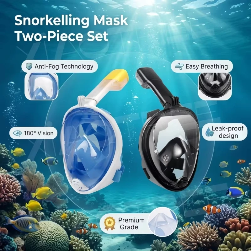 2PCS Underwater Snorkeling Full Face  Swimming Mask Set Scuba Diving Respirator Masks Anti Fog Safe Breathing for Kids Adult