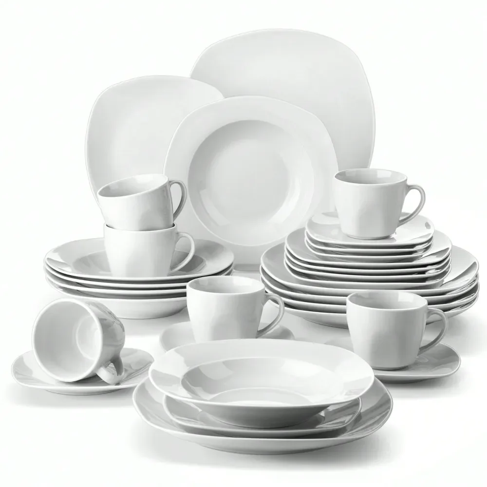 Juego de Vajilla de Porcelana Gris y Blanca de 30 Piezas, Juego de Platos para Servir con Platos Principales, Platos de Sopa, Platos de Postre, Tazas y Platillos