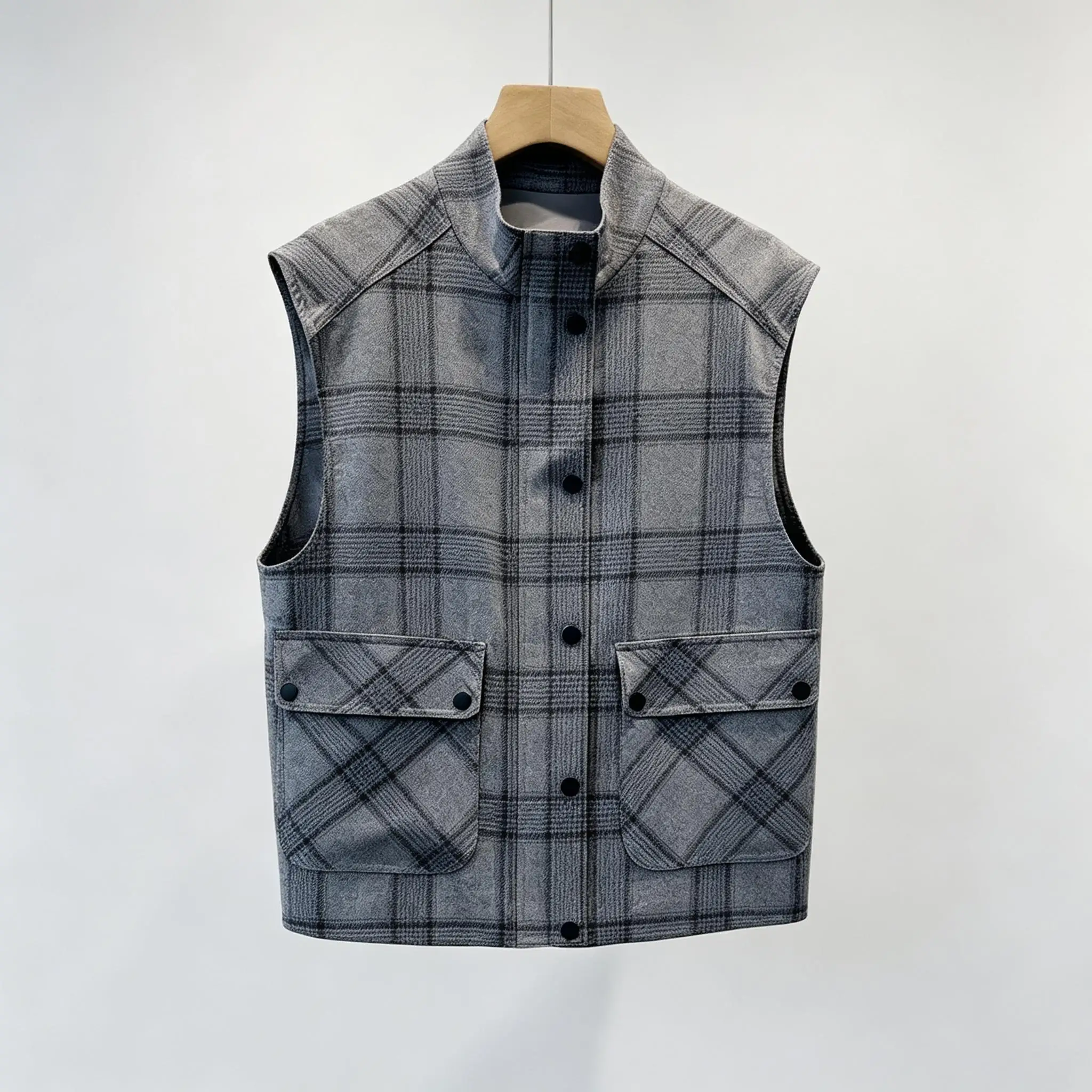 Women Plaid Stand Collar Vest Single Breasted Sleeveless Waistcoat