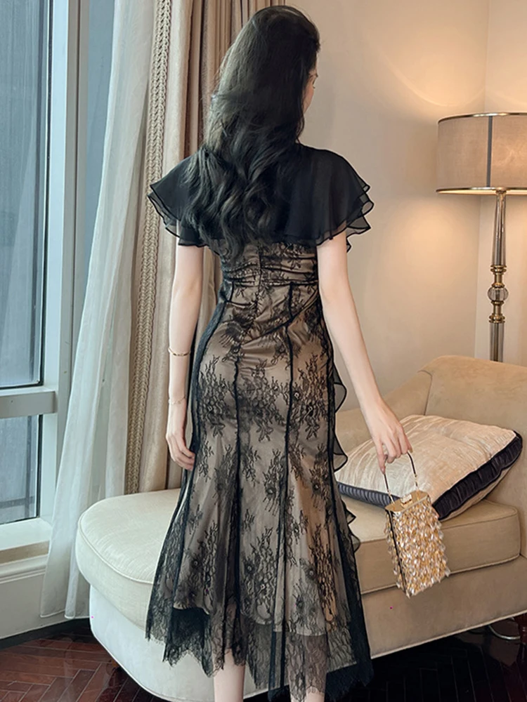 Summer Evening Long Dress Women Elegant Chic Lace Short Sleeve Slim Midi Dresses Party Mujer Robe Femme Vestidos Fiesta Street