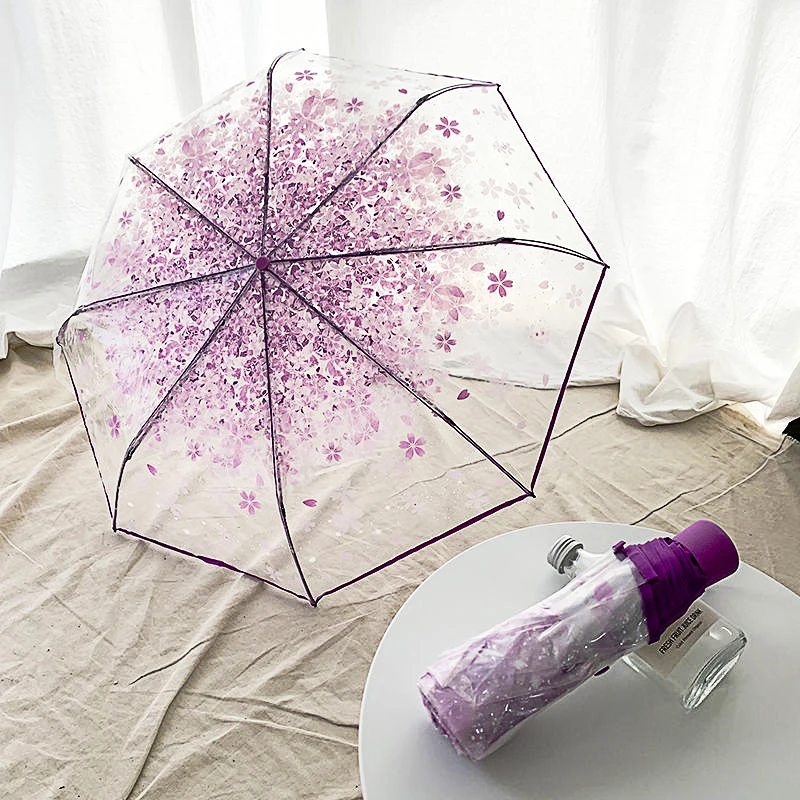 Korean Umbrella Cute Mini Fresh and Three-Fold Japanese Cherry Blossom Transparent Umbrella, Rainproof and Windproof