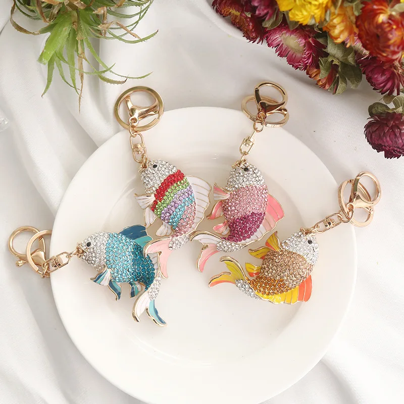 6pcs Keychains  Alloy Cute Colorful Fish Diomand Car Keyring Lovely Backpack Handbag Pendant