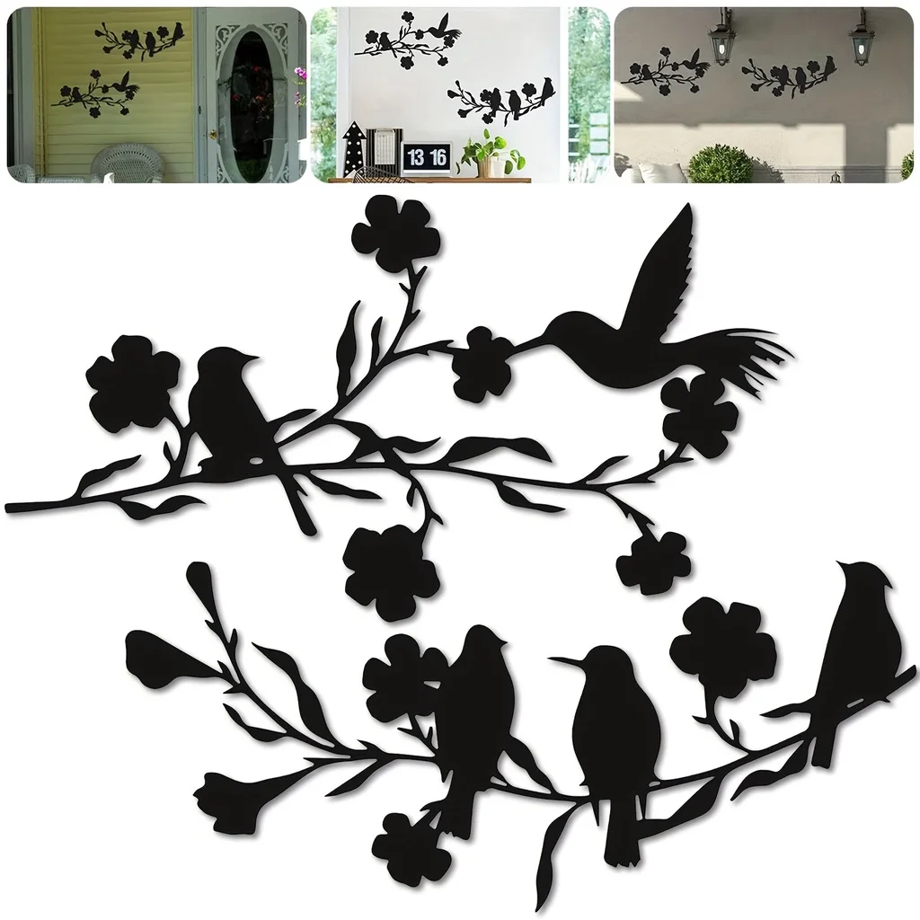 1pc Black Leaves and Flowers Metal Birds Wall Art Decor for Home and Garden - Indoor and Outdoor Sculpture with Branch