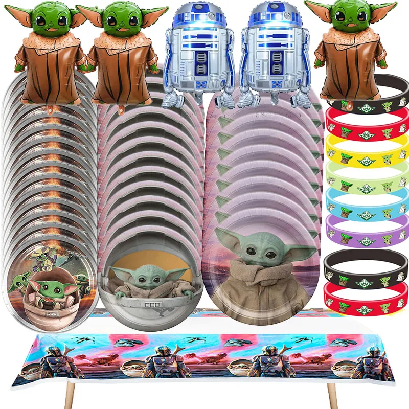Décoration de fête d'anniversaire sur le thème Star Waring Yoda Baby : gobelets, assiettes, serviettes, décorations de gâteau, nappes, ballons, bannière, cadeaux pour enfants garçons