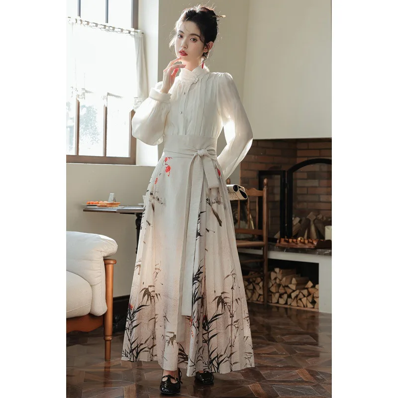 New Chinese Mamianqun White Vintage Elegant Horse Face Skirt Shirt Two Piece Fashion Daily Improved Hanfu Vintage Elegant Dress