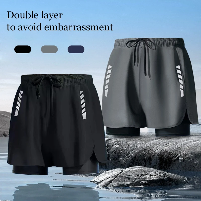 Herren-Badeshorts, rutschfest, doppellagig, schnell trocknend, zum Laufen/Outdoor-Fitness, einfarbig, lockeres Innenfutter, Freizeithose