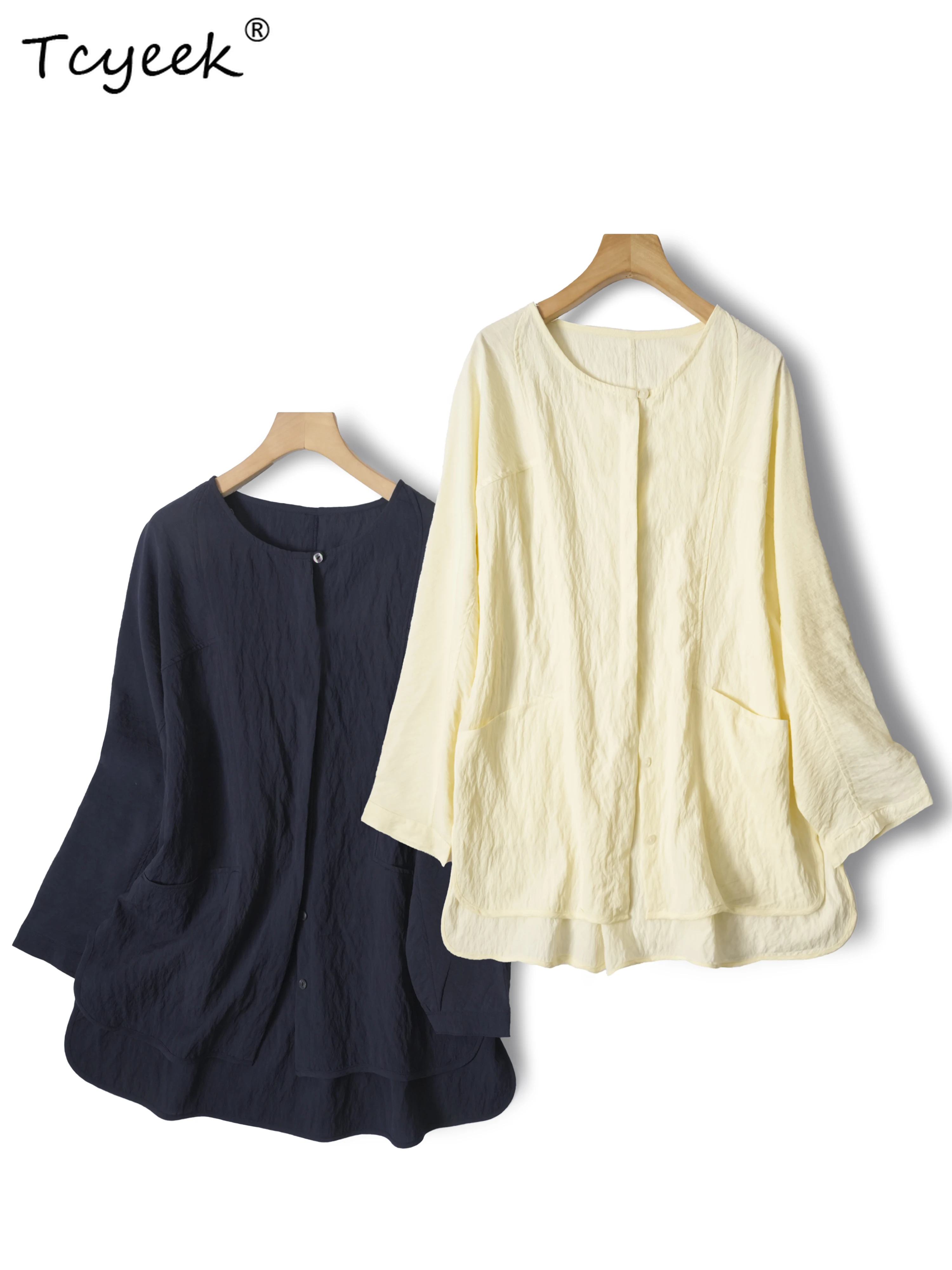 

Tcyeek 76% Mulberry 5% Nylon Spring Summer Round Neck Solid Color Plus Size Long Sleeved Women's Shirts Женская Одежда 여름옷