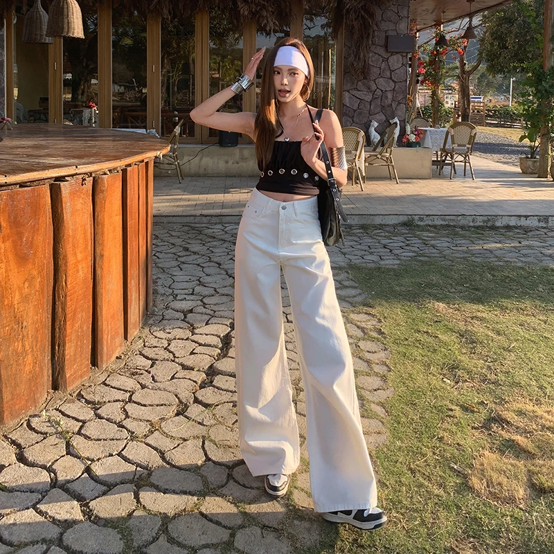 

2026 Spring Summer Women's White Wide Leg Jeans High Waist Loose Fit Vintage Lyocell Drapey Floor Length Pants