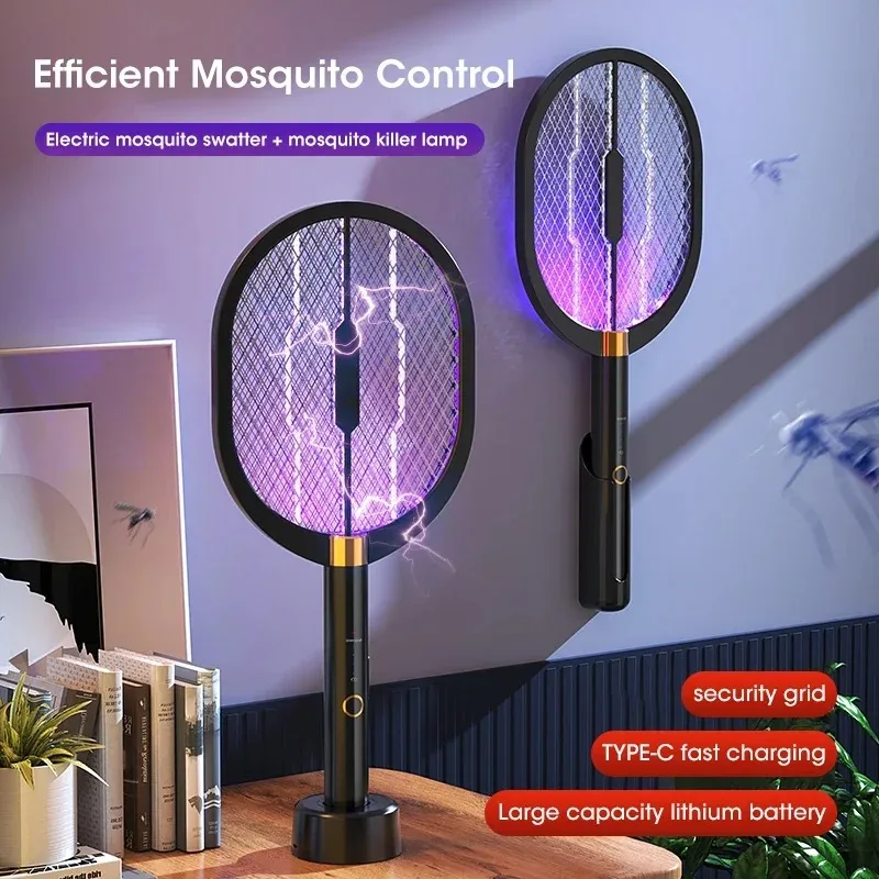 3 in 1 Electric Mosquito Racket Mosquito Killer Lamp 3000V USB Rechargeable Adjustable 5-Layer Protection Grid Gnat Trap Catcher
