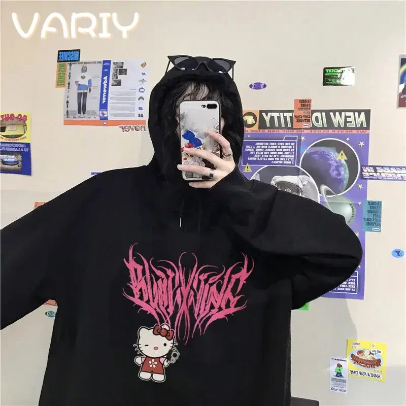 

Women's Kawaii Cat Pattern Hooded Sweater Y2k Trend Long Sleeve Cute Hoodies Female Loose Oversize Tops Coat for Woman Clothes