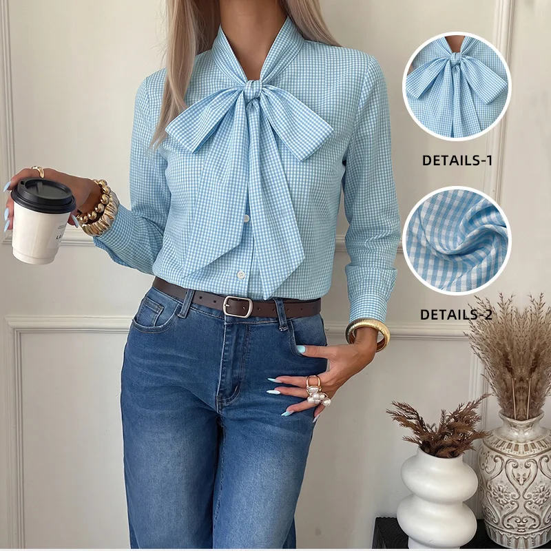 Blouses Women Shirt Vintage Plaid Lace Up Full Sleeve Tops Casual Loose Y2k Streetwear Elegant Splice Top Shirts 2026 Autumn