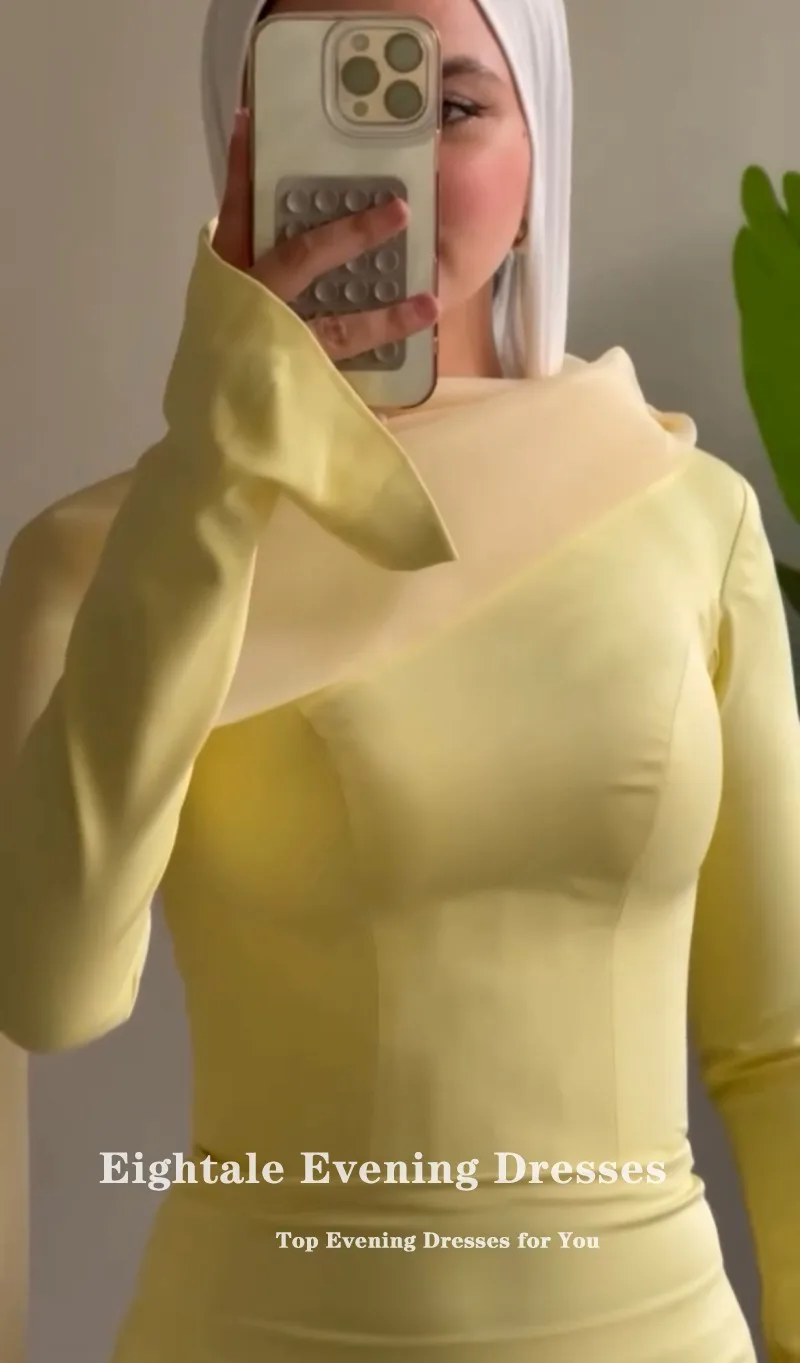 Eightale 아랍어 이브닝 드레스 오-넥 댄스 파티 드레스 맞춤형 새틴 3D 꽃 노란색 웨딩 파티 드레스 인어 로브 드 Soirée
