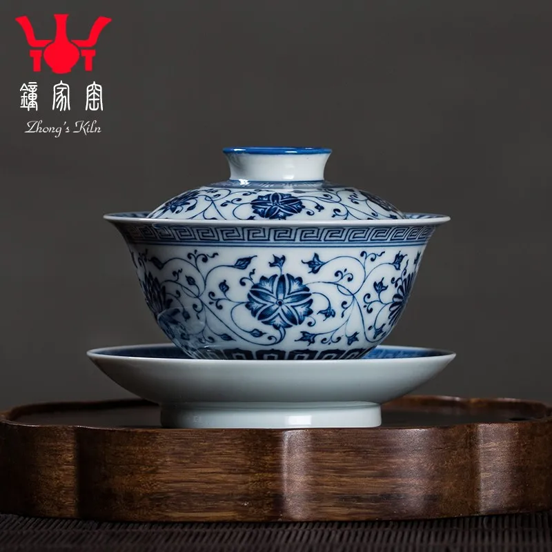 Zhongjia Kiln Jingdezhen Ceramic Hand-Held Tureen Single Underglaze Hand-Painted Interlock Branch Lotus Blue and White Wood Kiln