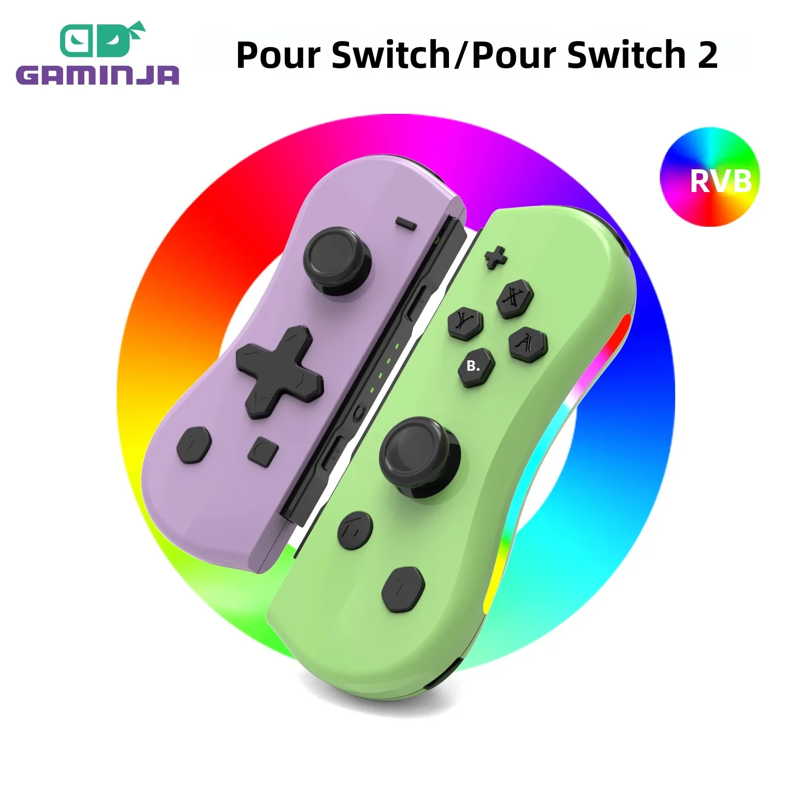 Contrôleur Joypad de commutateur sans fil GAMINJA avec lampe RGB pour Console de jeu Switch poignée L/R avec fonction de réveil