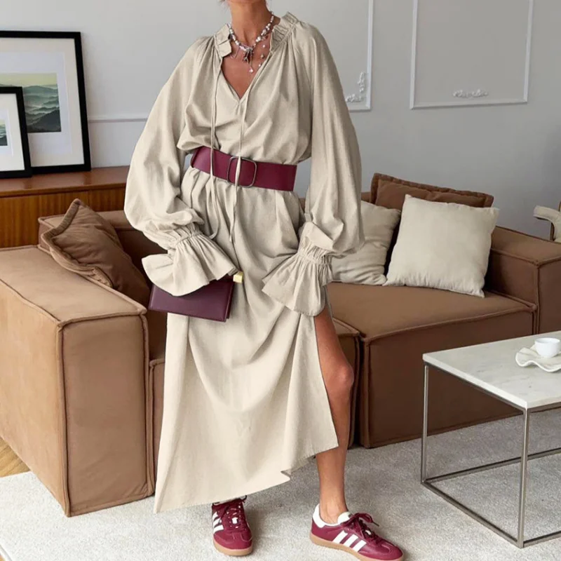 

Gentle style French design slit tie long dress for women2026New Commuting Long Linen Dress
