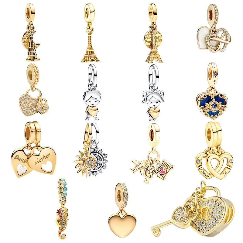 Manik-manik pesona seri emas bentuk balon udara, bunga mawar baru, dan kepingan salju, cocok untuk perhiasan DIY perak sterling 925 asli, hadiah