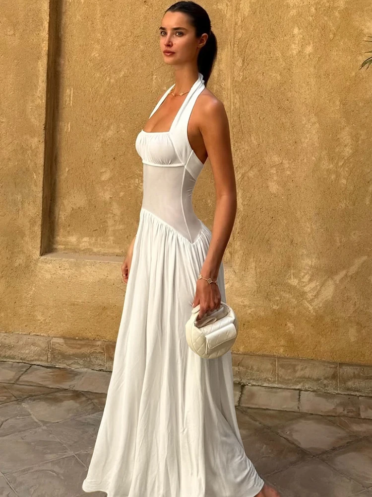 Nibber Temperament Mesh Patchwork Maxi Dress Women Halter Backless Sleeveless Vacation Fashion Camping Ruched Classic Vestidos