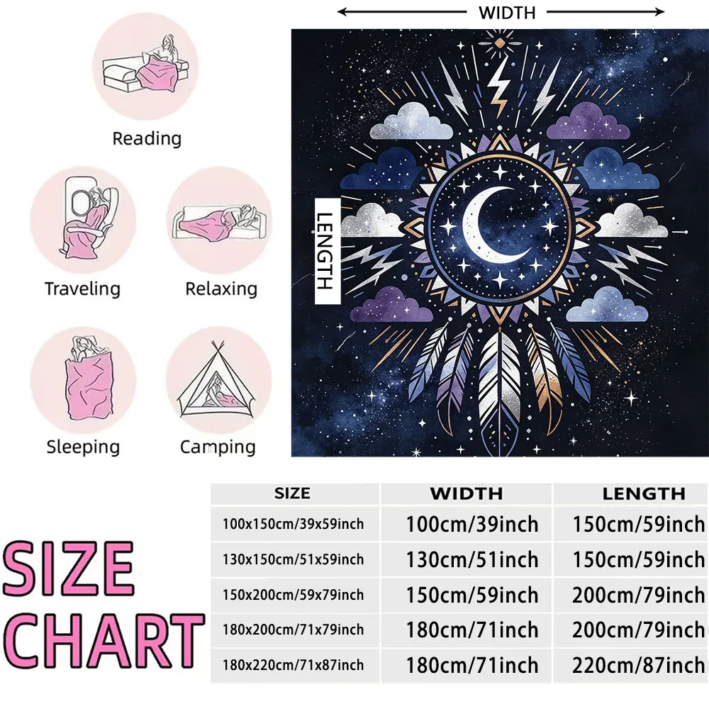 Dark Mystical Starry Sky Moon Magic Printed Flannel Blanket Occult Style Soft Warm Cozy Throw Blanket