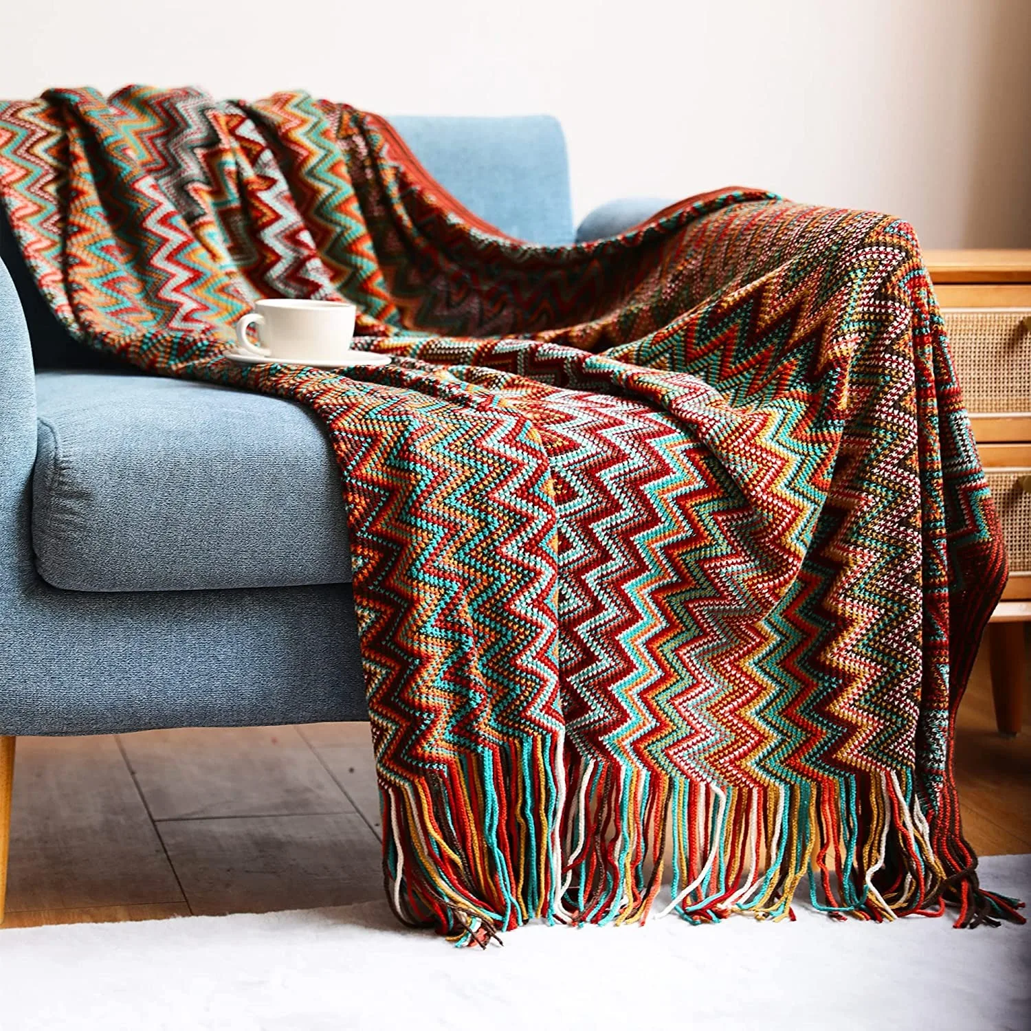 Boho Knitted Red Throw Blanket Jacquard Textured Tassels Farmhouse Style Cozy Sofa Manta Gift Christmas Travel Blankets