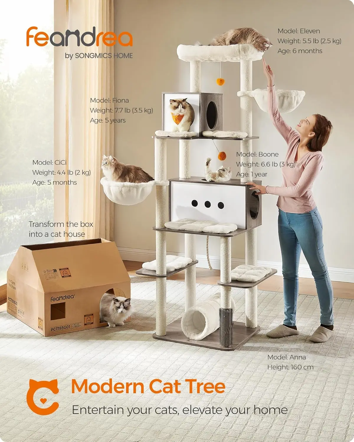 Cat Tree, 77.5-Inch Tall Modern Cat Tower for Large Indoor Cats, Multi-Level Cat Condo with 2 Caves, 2 Hammocks