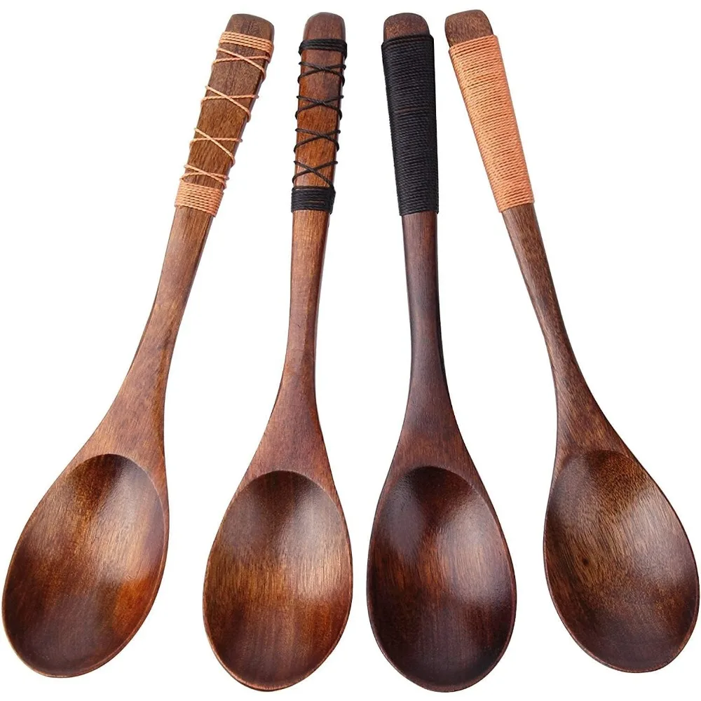 

4pc-Handmade Style Wooden Soup Spoons with Tied Line on Handle
