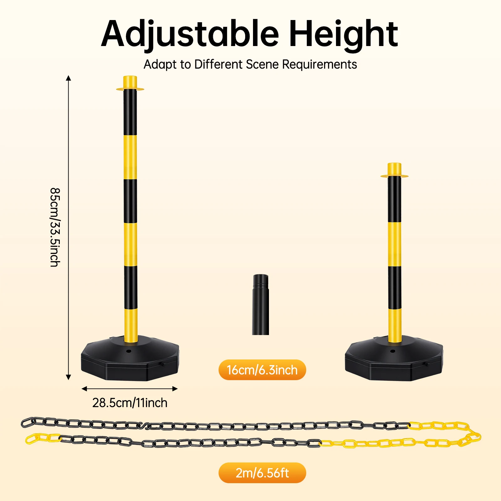 

6 Pack Traffic Cones, Safety Bollards, Portable Parking Pole with Chain, Yellow Black Traffic Barrier for Parking Warehouse