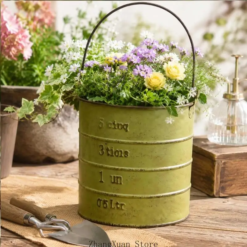 Round Metal Flower Planter Bucket with Carry Handle, Raised Detail and Aged Finish for Balcony and Tabletop Home Display 3XUF