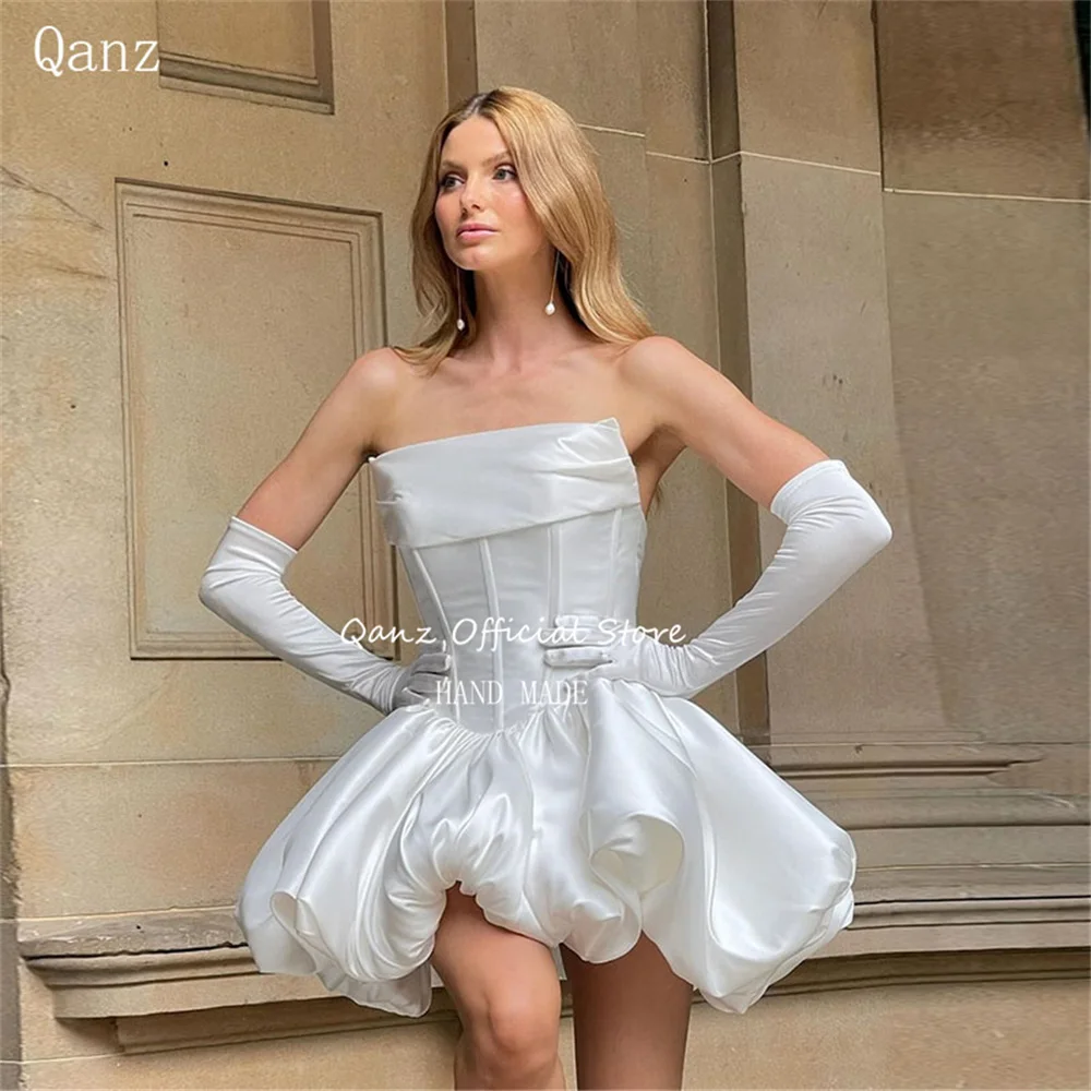 Qanz Moest Party Dresses Strapless Satin Short Fluffy A Line Wedding Dress Backless Ruched No Gloves Vestidos Novias Boda 2024