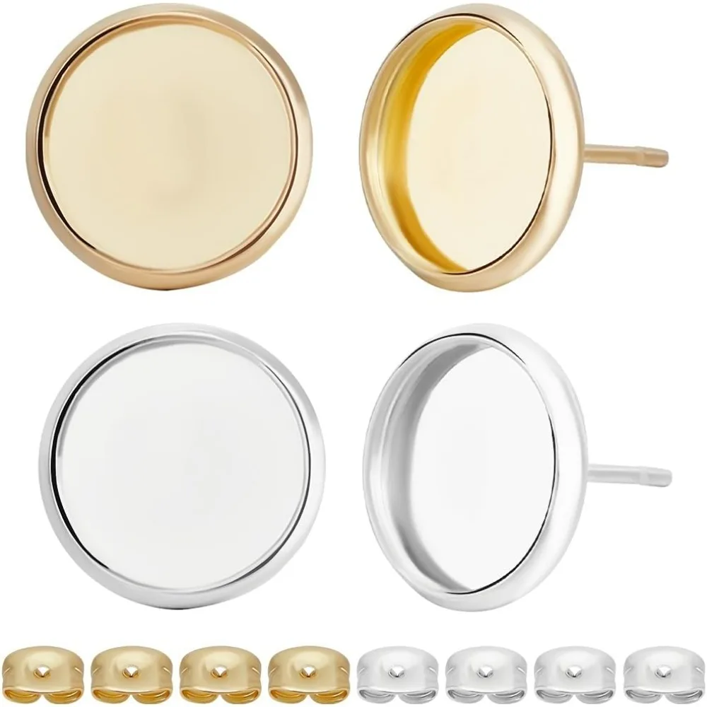 

60 шт., 2 цвета, серьги-гвоздики с кабошоном, золото 18 карат, стерлинговое серебро 925 пробы, нержавеющая сталь 304, плоская круглая рамка-гвоздик 10 мм