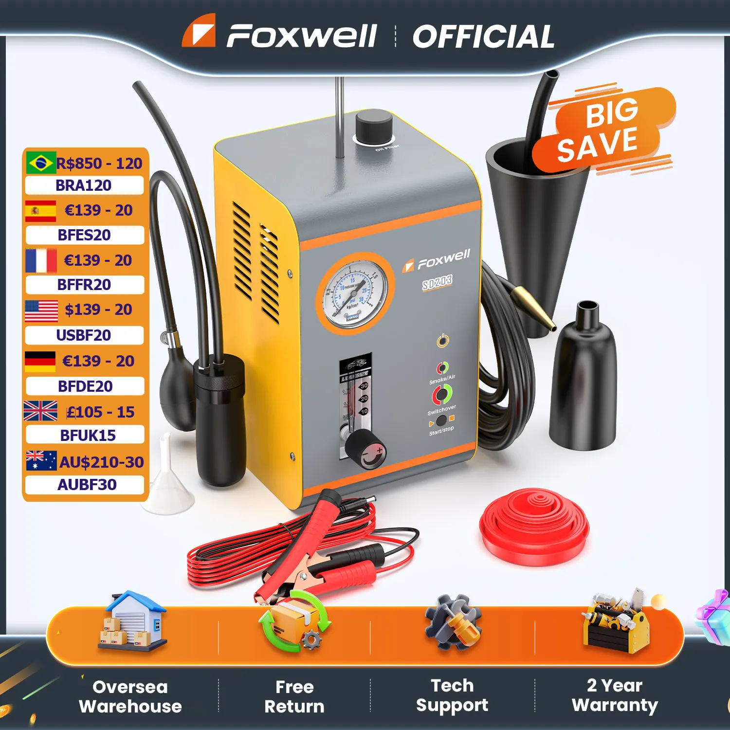 FOXWELL SD203 Automotive Smoke Machine Built-in Air Pump EVAP Vacuum Leak Detector Dual Mode Car Pipe Leakage Diagnostic Tester