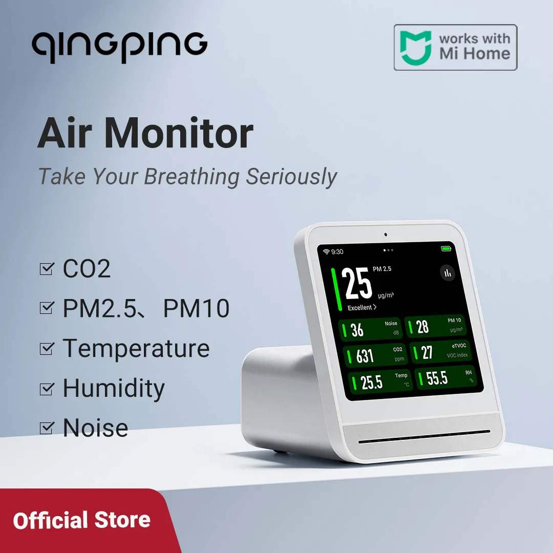 Qingping Air Monitor Gen 2, 7in1 Indoor Air Quality Meter Detects PM2.5,CO2,PM10,eTOVC,Noise,Temperature and Humidity,with Alarm