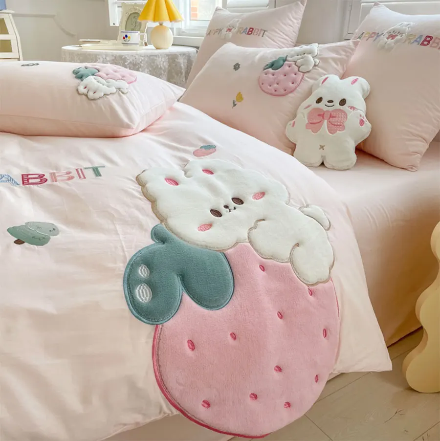 Cute sweet rabbit strawberry pink bedding set,lovely twin full queen king cotton home textile flat sheet pillow case quilt cover