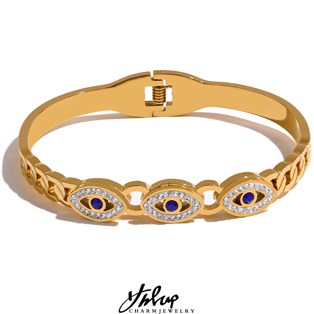 Yhpup Charm Turkish Evil Eye Stainless Steel Statement Bangle Bracelet Trendy Fashion Zircon Waterproof Gold Color Jewelry