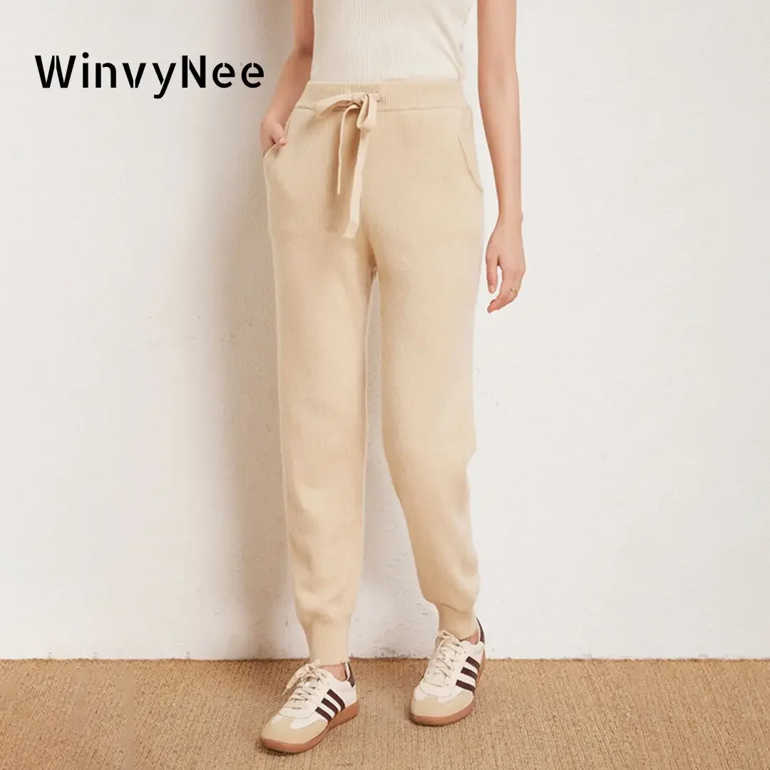 WinvyNee 2024 New Merino Wool Pants Ladies High Waist Wide Leg Pants Casual Knitted Trousers Loose Women\'s Pants D1263013