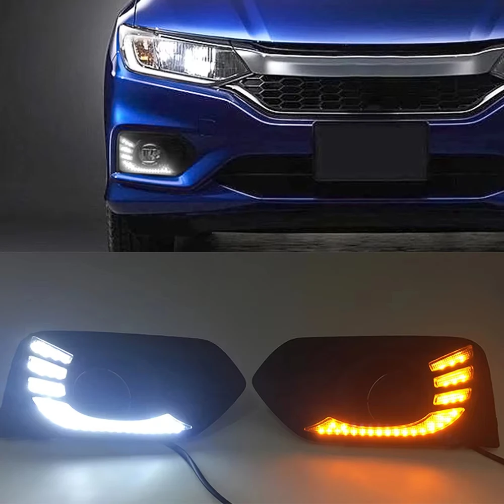 

Car LED DRL For Honda City 2017 2018 2019 Daytime Running Light daylight fog lamp cover with Yellow Turn signal Function