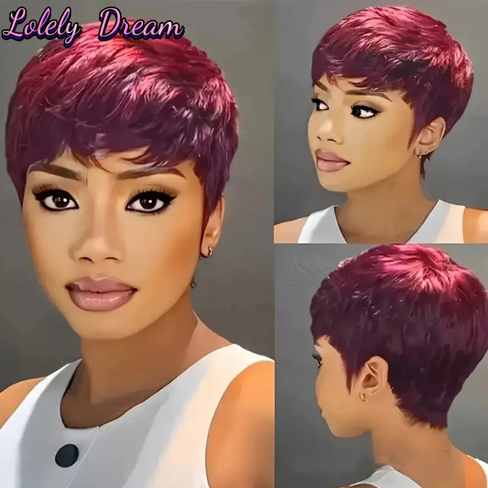 

Парики с стрижкой пикси, человеческие волосы с челкой яркого красного цвета, 99J, бордовый, бразильский парик из человеческих волос Remy, 100, парик из человеческих волос, машинного производства