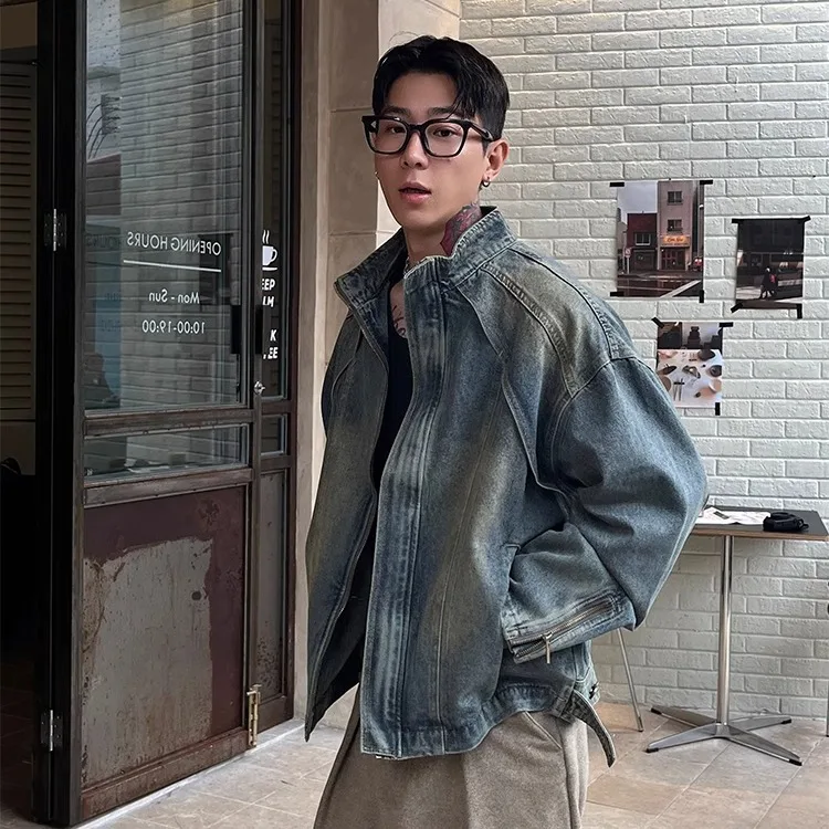 Heavyweight Deconstructed Denim For Men, High-End Feel, Cool And Trendy American Retro Stand Collar Zipper Jacket Coat