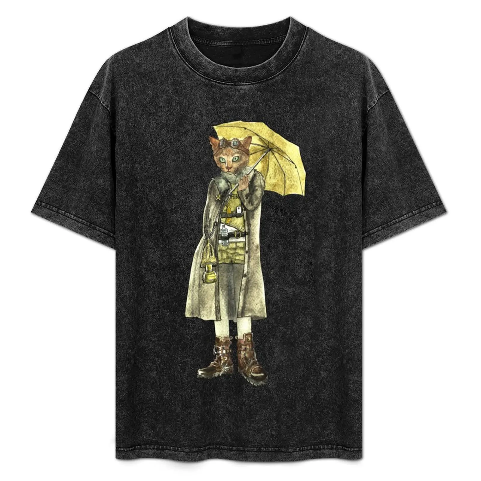 

Steampunk Yellow Umbrella Cat T-Shirt Light Athletic Short Sleeve Tee Shirt