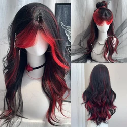 Long Wave Red Ombre Black Synthetic Wig Fluffy Lolita Cosplay Women Wig Heat Resistant for Daily Party