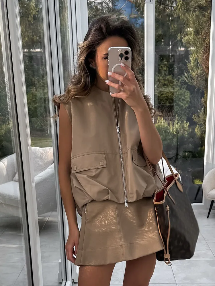 HH-Chaleco versátil sin mangas con doble cremallera para mujer, chaleco informal holgado con dobladillo plisado, a la moda, 2025