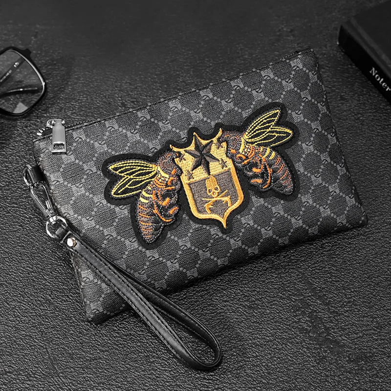 2026 Fashion Clutch Bag Men Retro Embroidery Bee Clutches For Men Luxury Brand Design Wrist Bag Male Mobile Phone Bags Purse