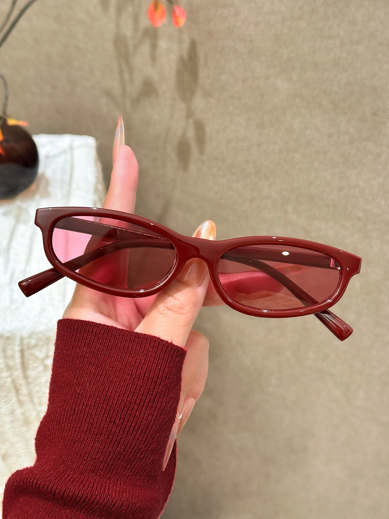 1Pc Wine Red Frame Y2K Oval Su - Street Fashion Vibes review and price