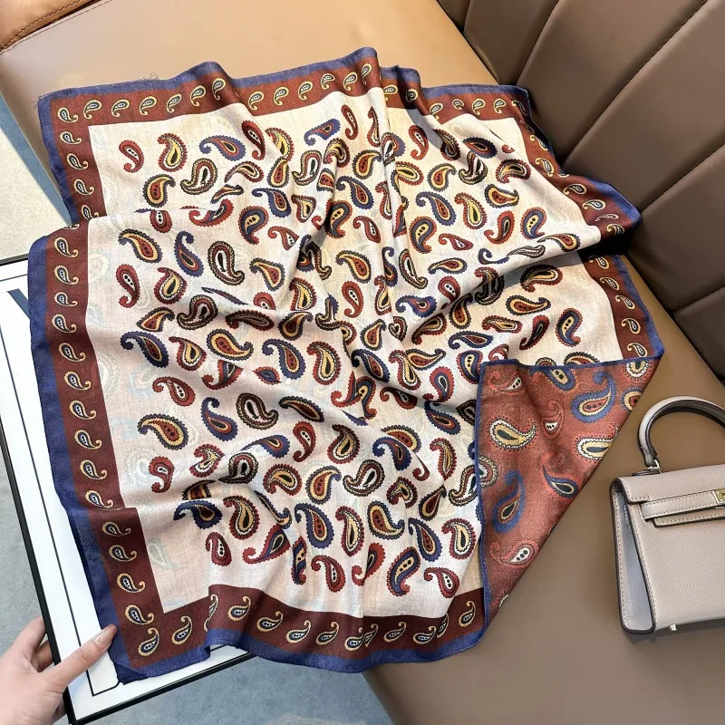 Velvet 70cm Square Scarf Double Sided Different Color Cotton Linen Feel Fashion Shawl Neck Kerchief For Spring Autumn