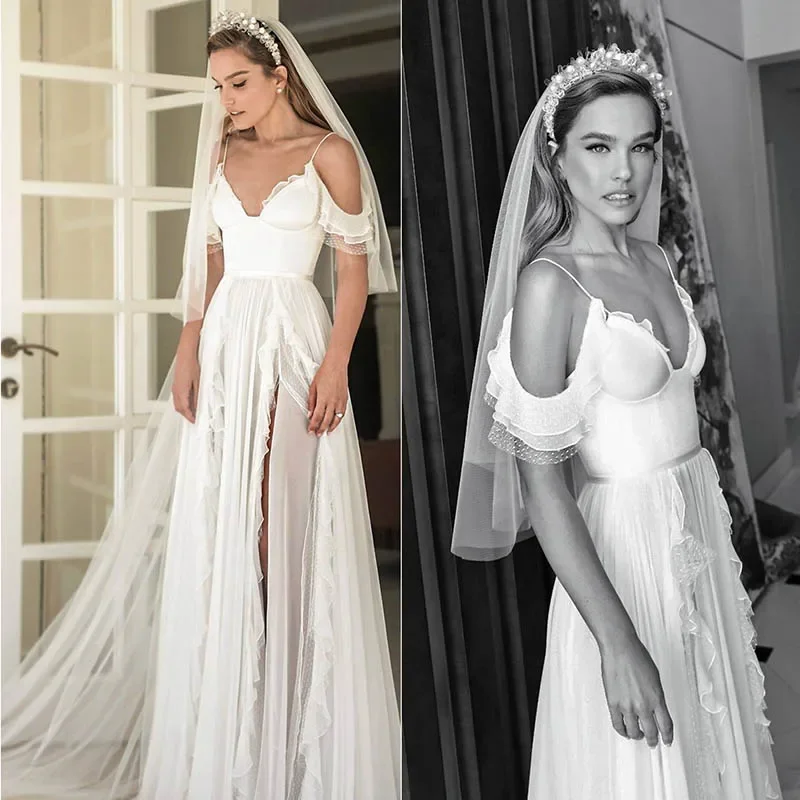 

Элегантное шифоновое свадебное платье Vestido de noiva на тонких бретельках, длинные свадебные платья длиной до пола, robe de soiree
