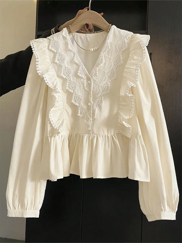 Plus Size 2026 Autumn New Arrivals Women's Casual Solid-Colour Lace-Panel Ruffled Long-Sleeved Top Fashionable and Elegant
