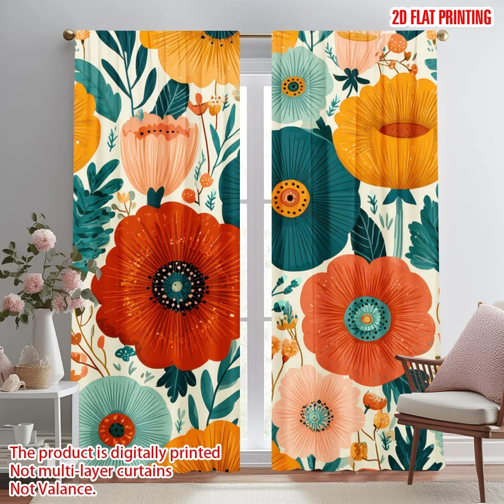 

2D flat printing 2pcs Party Curtains Colorful Floral Blooms Digital Printed Polyester Drapes Family Party Decoration for Living