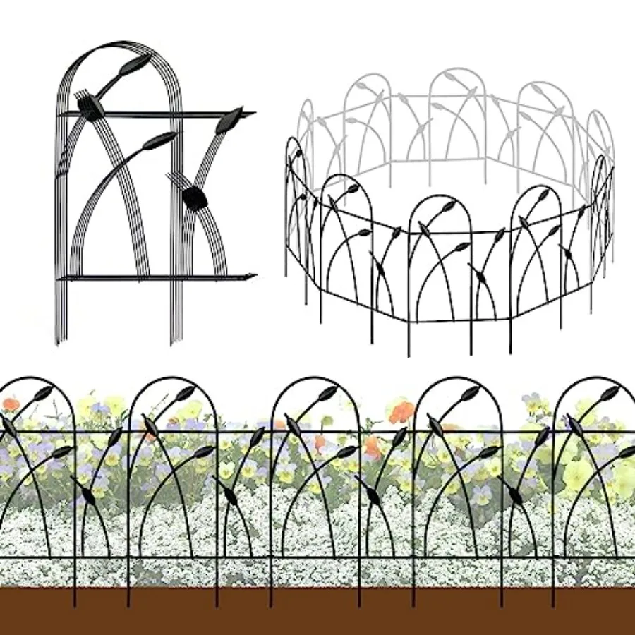 

Metal Decorative Garden Fence Border, 32 in.H x 19.5 in.W 10 Panels, Total Length 16 feet No Dig Fence Rustproof Wrought Iron L