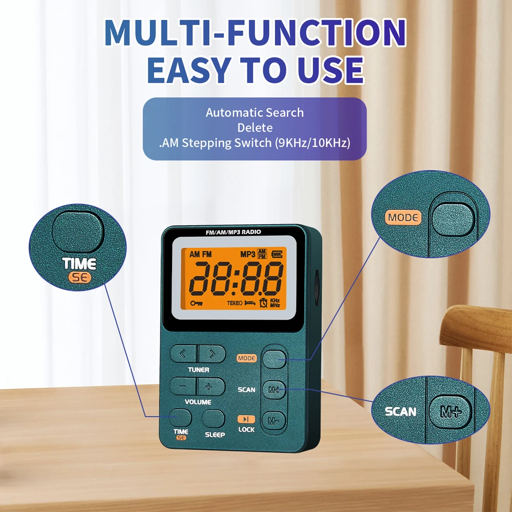 Radio de bolsillo multifuncional AM FM pantalla LED de 2,1 pulgadas Radio portátil de 2 bandas carga Micro USB conector de 3,5mm para deportes al aire libre
